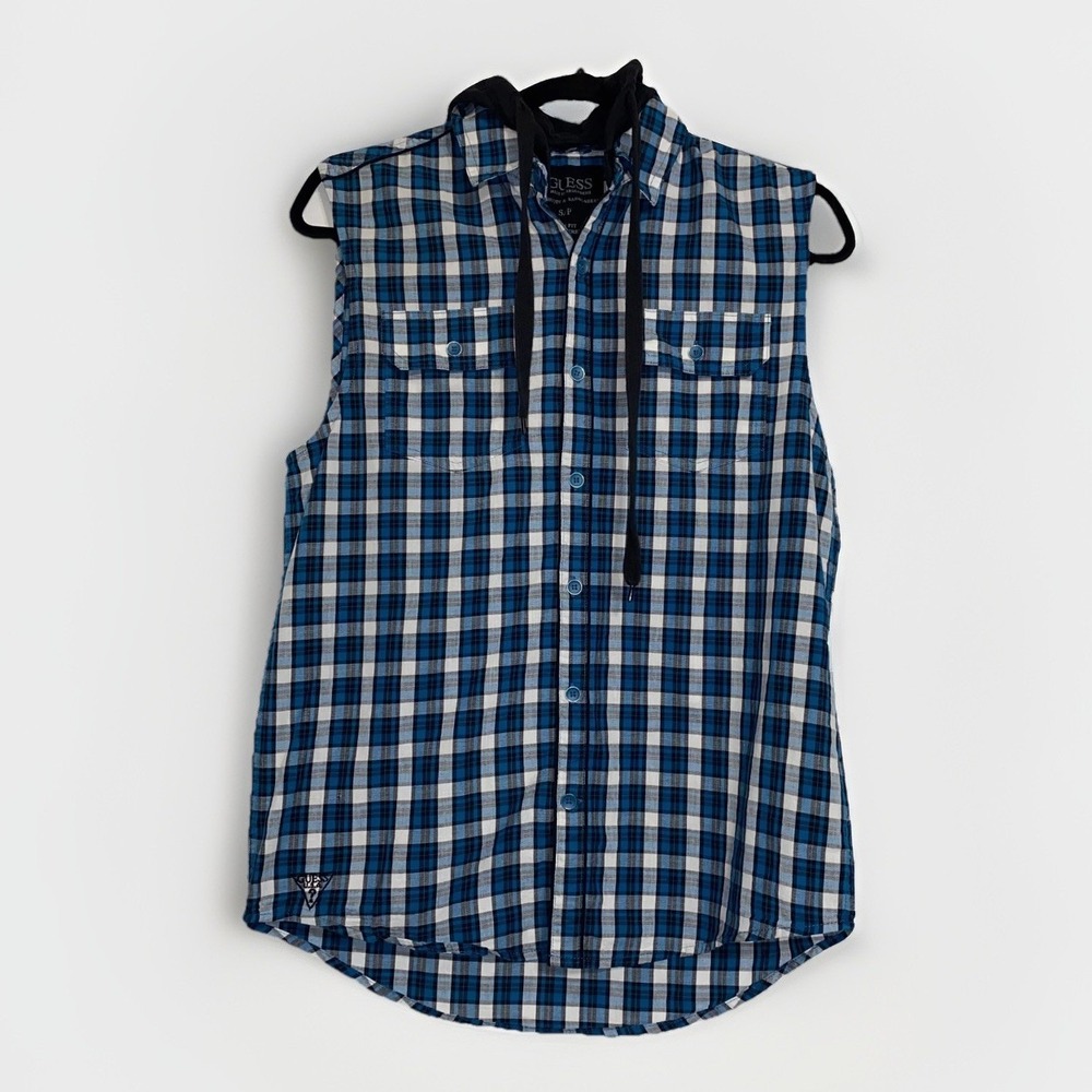 GUESS Men's Black Hoodie Blue & White Plaid Button Up Sleeveless Shirt Small